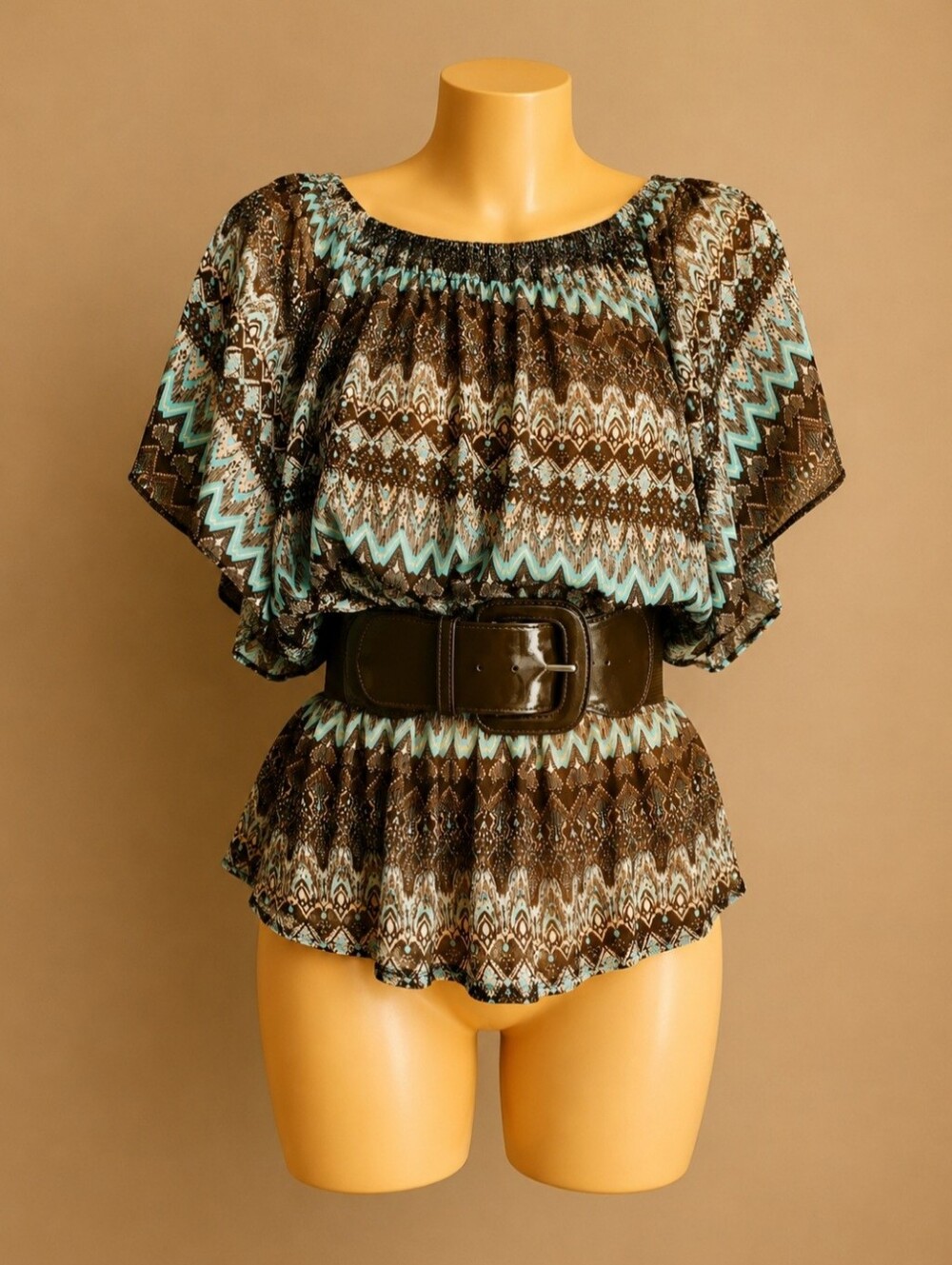 FANG Boho Sheer Peasant Blouse Medium Brown Teal Flutter Sleeve Belted Top